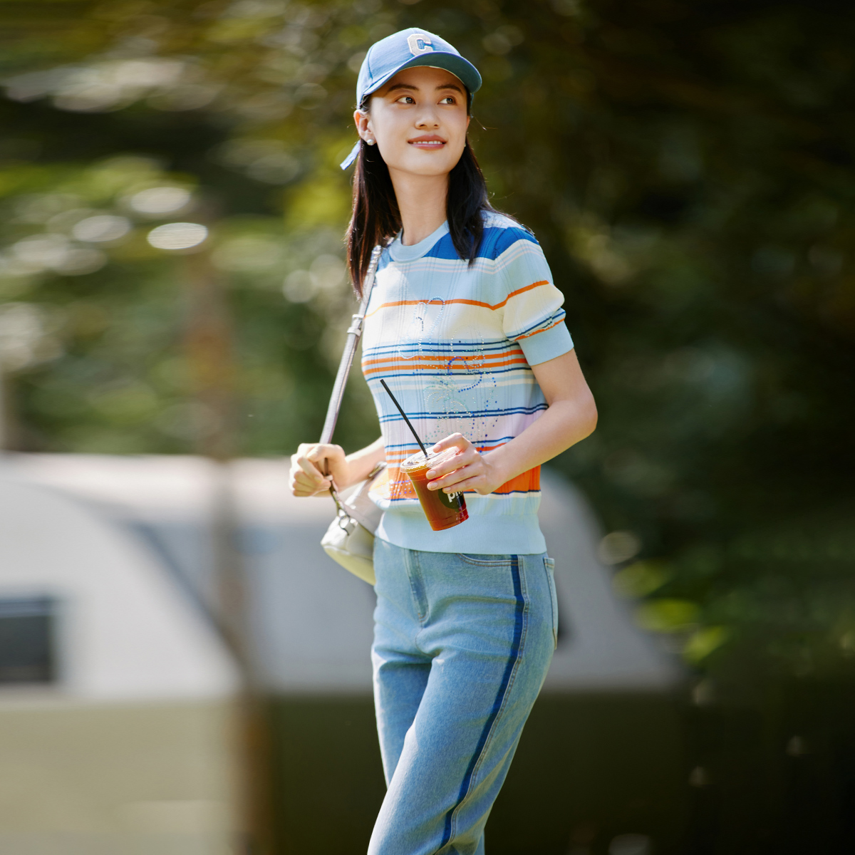 歌蒂诗春夏专柜新款显瘦彩色条纹小清新短袖针织衫 1E14Z1504 - 图0