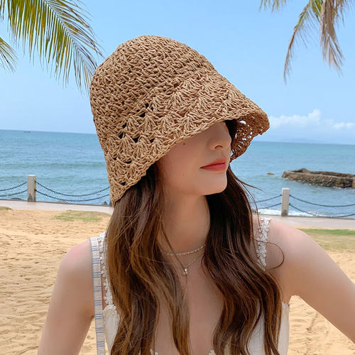 草编帽子女夏日透气日系手工编织显脸小桶帽韩版百搭可折叠遮阳帽 - 图0
