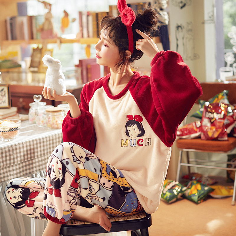 兰秀美旗舰店珊瑚绒睡衣女秋冬季加厚加绒冬天年新款法兰绒可爱家居服套装3