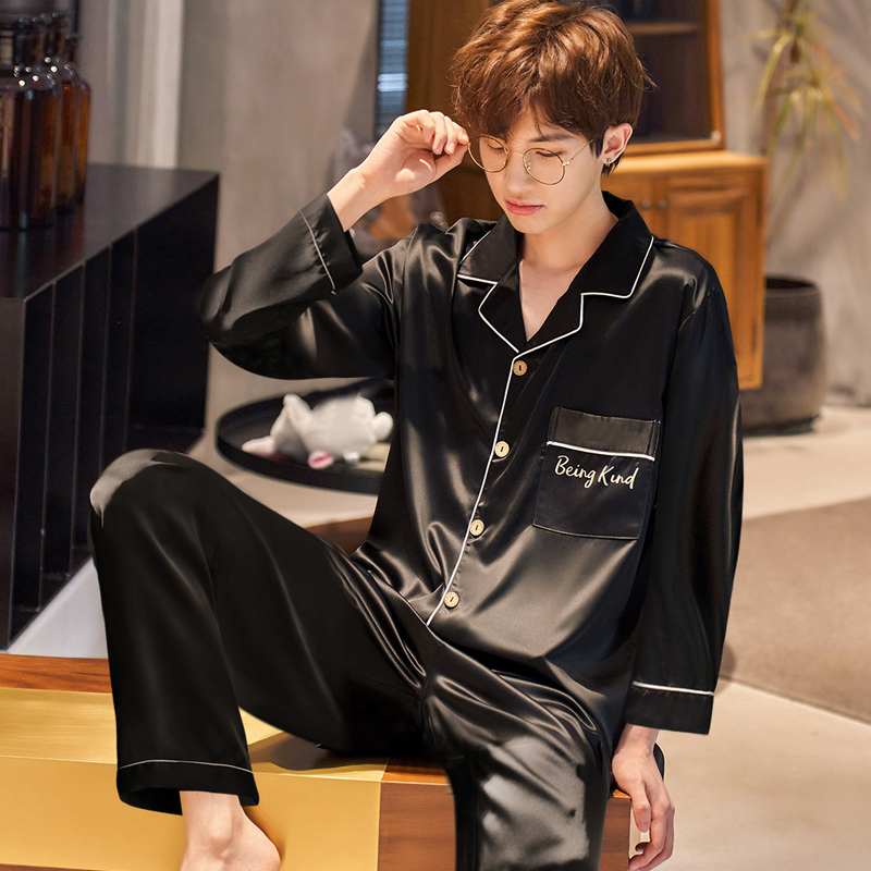 兰秀美旗舰店睡衣男春秋季冰丝绸长袖黑色家居服薄款仿真丝韩版两件套装冬天款2