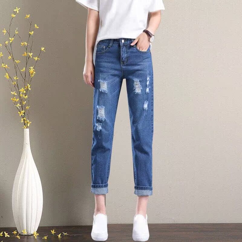 新款春秋天宽松韩版百搭学生高腰哈伦裤子 2019 破洞牛仔裤女九分裤 新款春秋天宽松韩版百搭学生高腰哈伦裤子 2019 破洞牛仔裤女九分裤