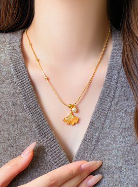 2025金色满钻花瓣珍珠吊坠项链女轻奢小众毛衣链高级感气质配饰品