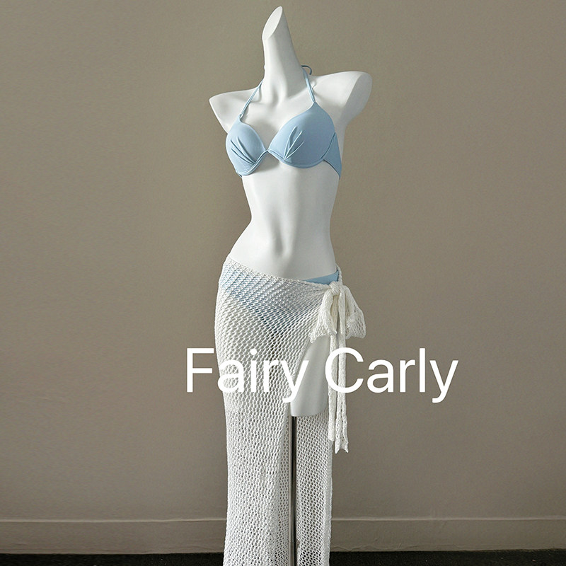 2025新款显白蓝色比基尼三件套针织长裙泡温泉性感显瘦分体泳衣女,淘宝优惠券,粉丝福利购,淘宝优惠卷