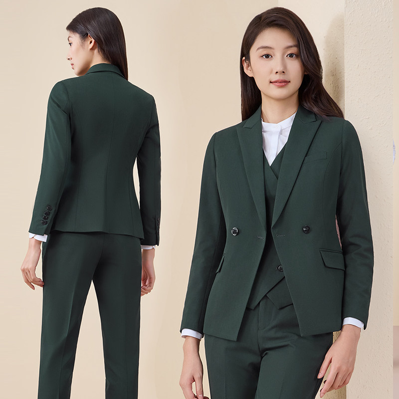 墨绿色男女长袖西服套装职业西裤马甲三件套银行邮政高档工作制服 - 图3