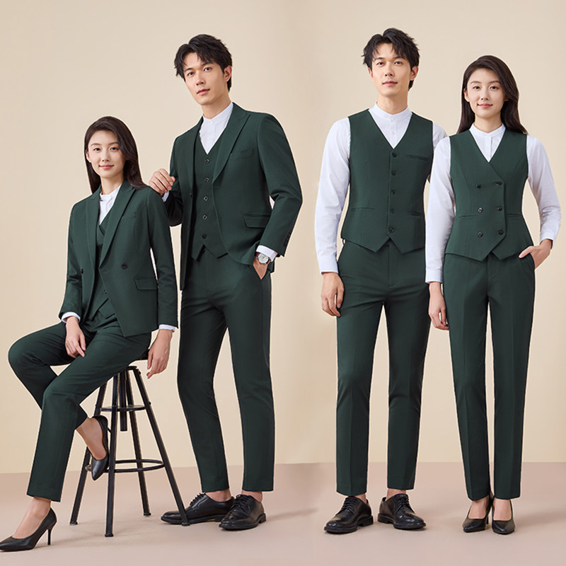 墨绿色男女长袖西服套装职业西裤马甲三件套银行邮政高档工作制服 - 图1
