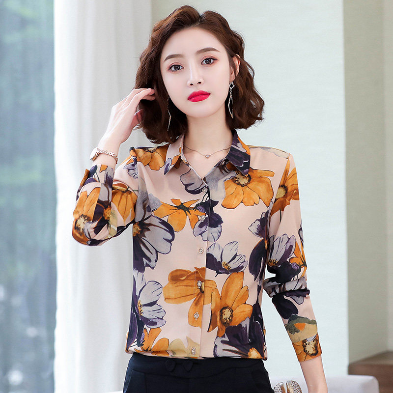 印花雪纺衫妈妈女长袖夏装2020衬衫 粉萱服饰蕾丝衫/雪纺衫