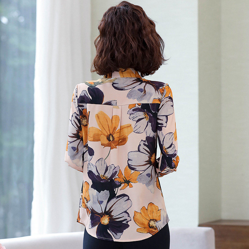 印花雪纺衫妈妈女长袖夏装2020衬衫 粉萱服饰蕾丝衫/雪纺衫