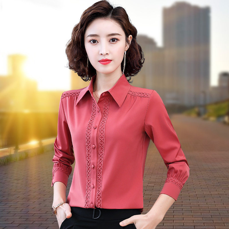 秋季缎面雪纺衬衫长袖2021打底衫 粉萱服饰蕾丝衫/雪纺衫