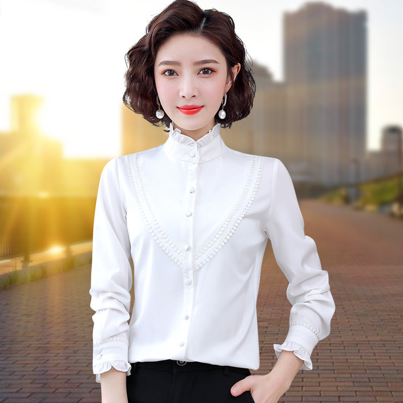 加绒缎面雪纺衬衫女长袖立领打底衫 粉萱服饰衬衫