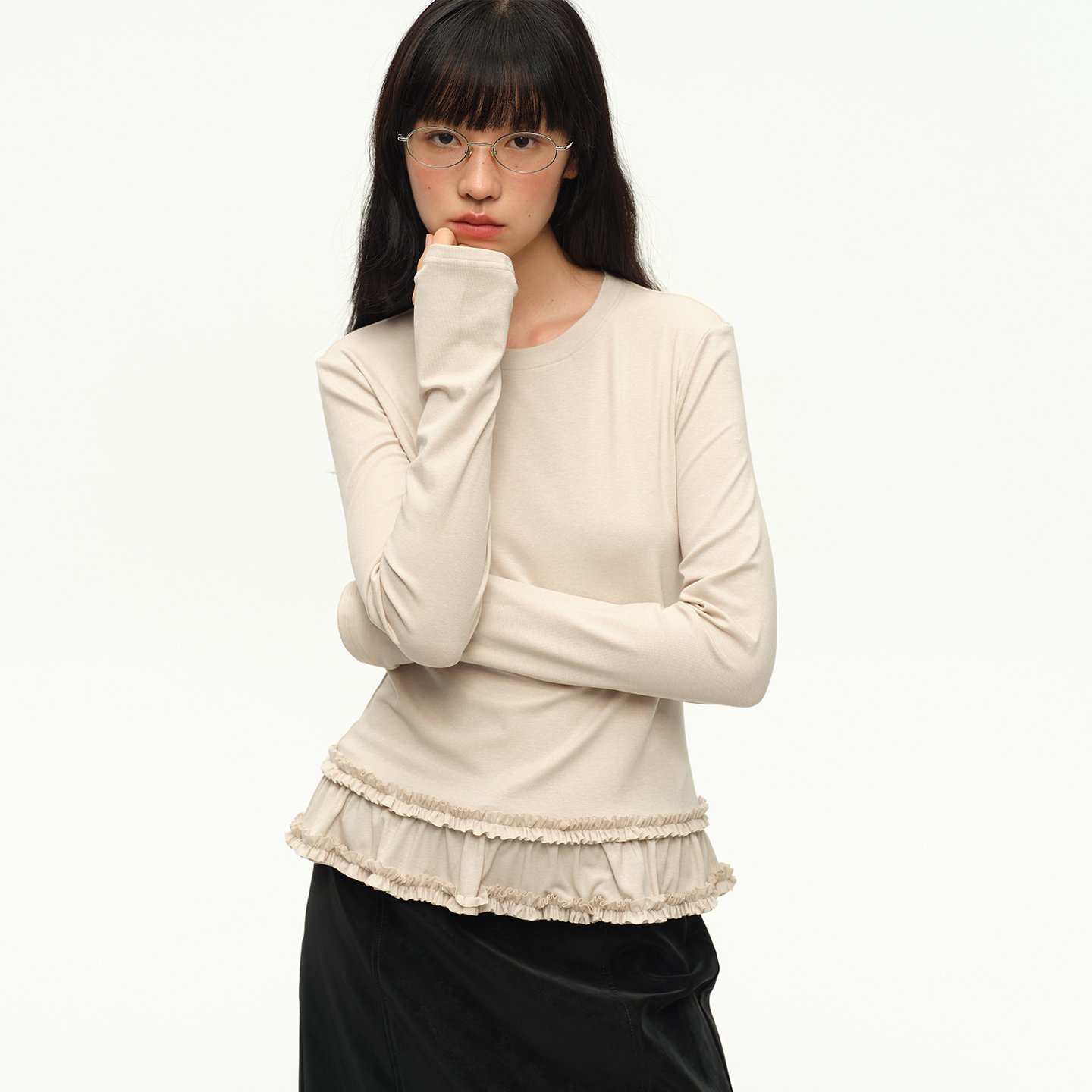 omont蛋挞家复古荷叶边下摆圆领针织打底T恤秋季 - 图0