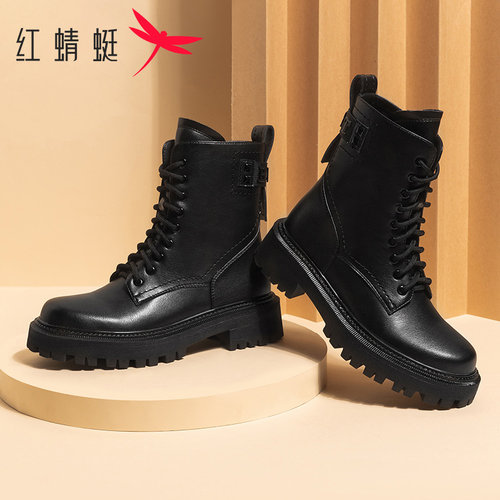 红蜻蜓女鞋 2025冬季新款英伦风马丁靴女ins潮百搭厚底真皮厚底靴 - 图1