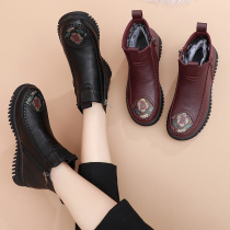 Winter New Moms Shoes Cotton Shoes Flat Bottom Anti-Slip Retro Women Shoes Middle Aged Plus Suede Warm Short Boots Old Man Leather Shoes