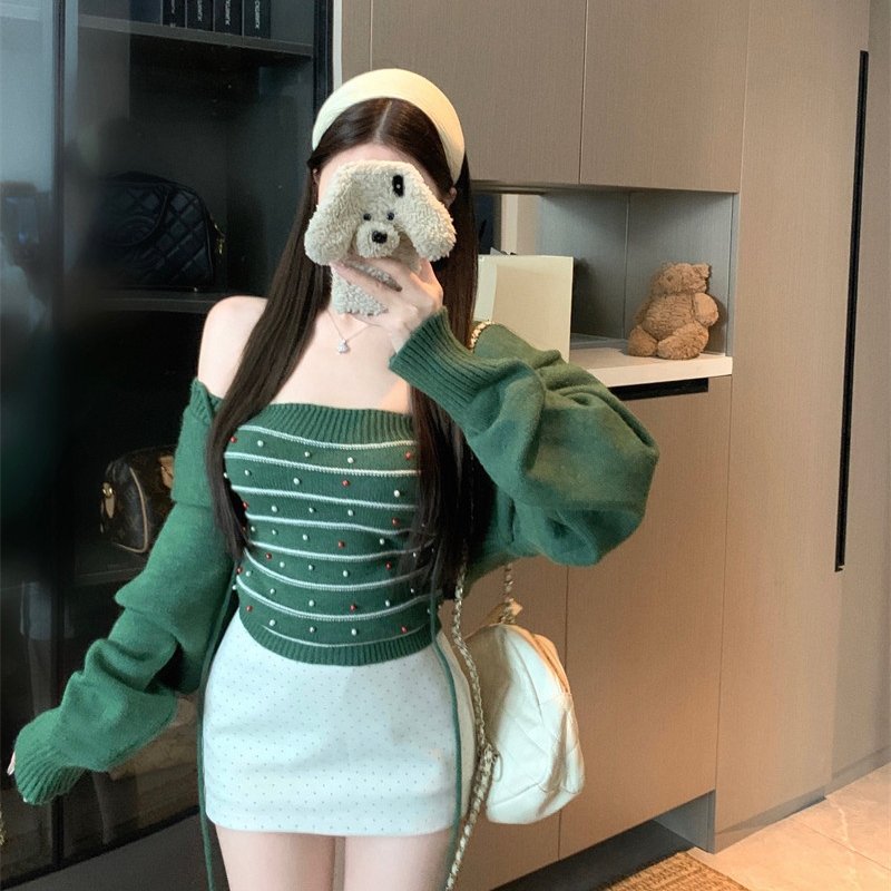 港味风格性感长袖套装女针织开衫外套+背心两件装抹胸背心两件套,淘宝优惠券,粉丝福利购,淘宝优惠卷