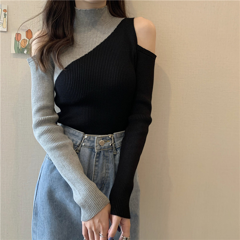 港味风格露肩长袖针织衫女春秋新款设计感小众毛衣显瘦打底衫上衣,淘宝优惠券,粉丝福利购,淘宝优惠卷