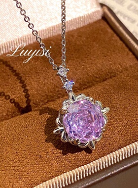 八角千禧玫瑰切海蓝吊坠镶嵌高碳钻艳丽彩宝项链玫瑰花锁骨链批发