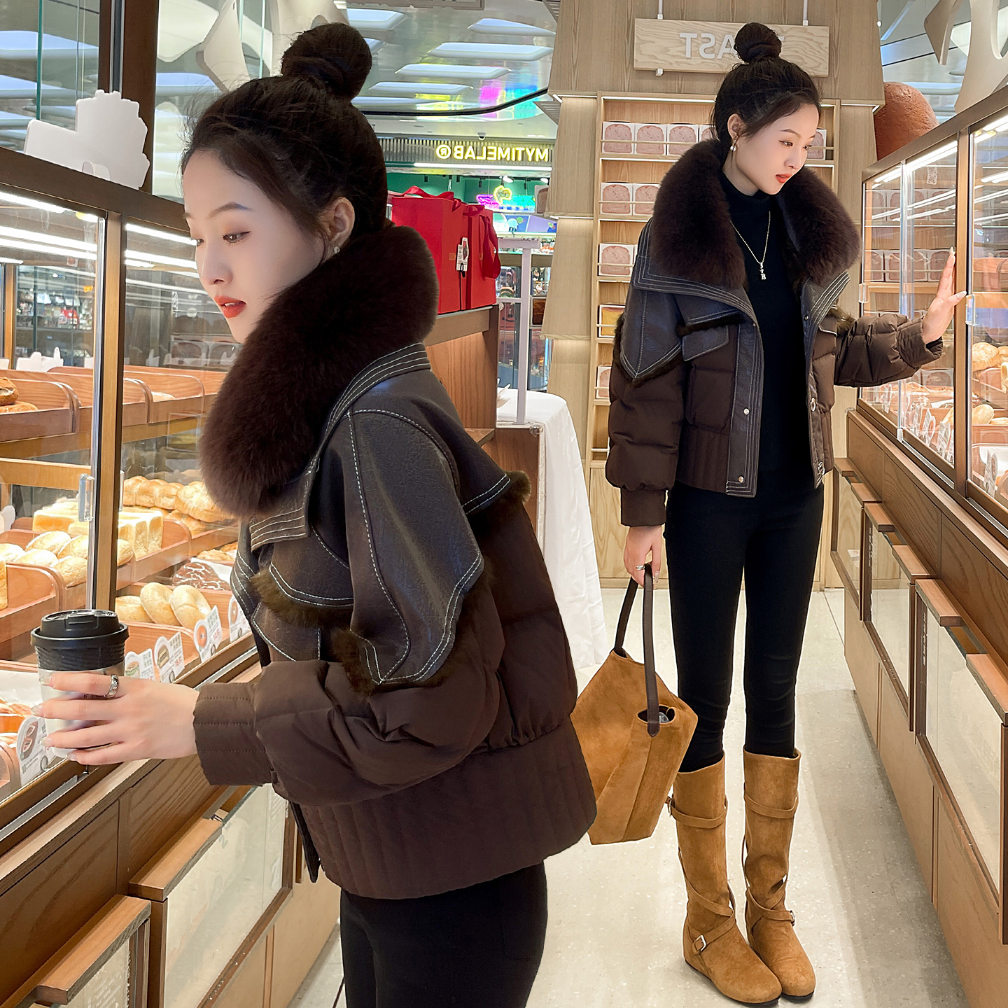 大毛领短款白鹅绒羽绒服女2025冬季新款高级感皮毛一体皮草短外套,淘宝优惠券,粉丝福利购,淘宝优惠卷