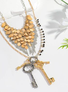 ZA同款欧美跨境钥匙流苏夸张多层