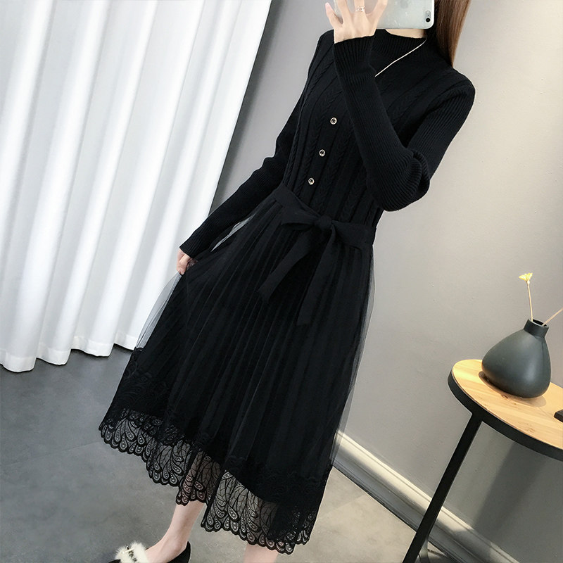 2020爆款半高领加厚针织蕾丝连衣裙 品绣玫瑰连衣裙