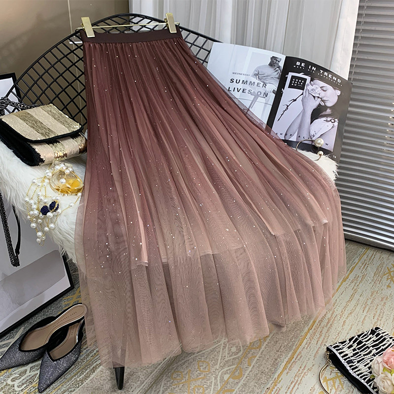 渐变色女春2022新款纱裙下身半身裙 意五分半身裙