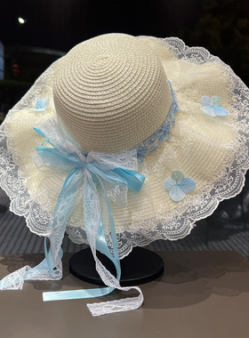 蓝色蕾丝蝴蝶结草帽女大帽檐防晒遮阳帽子夏季出游度假海边沙滩帽