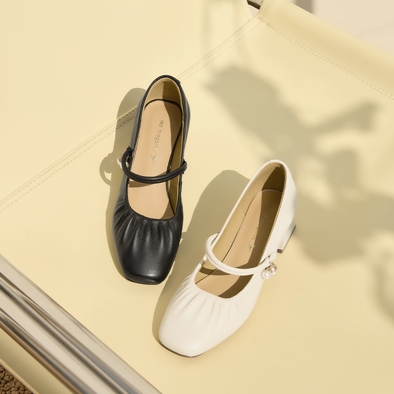 红蜻蜓玛丽珍鞋春秋新款女鞋粗跟羊皮通勤单鞋法式气质中跟小皮鞋 - 图2