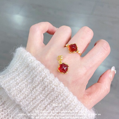 s925纯银天然石榴石戒指活口可调节糖塔吊坠红色新年礼物显白女