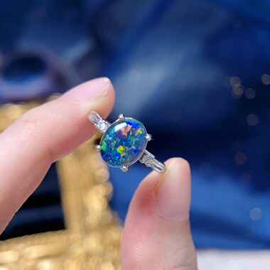 s925纯银天然澳洲欧泊雪花戒指幻彩女个性指环潮流百搭饰品可调节