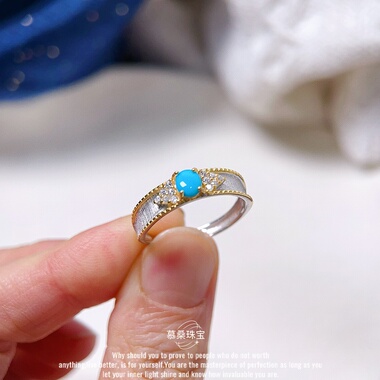 s925纯银天然松石戒指美松拉丝工艺活口可调节小众设计食指戒指环