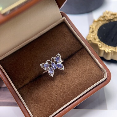 蝶恋s925纯银天然坦桑石戒指蝴蝶女小众甜美辣妹风设计高级感活口