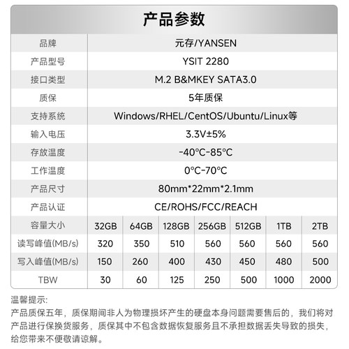 元存m2固态硬盘SATA 2280 NGFF 128G 256G 512GB工控级软路由SSD - 图1