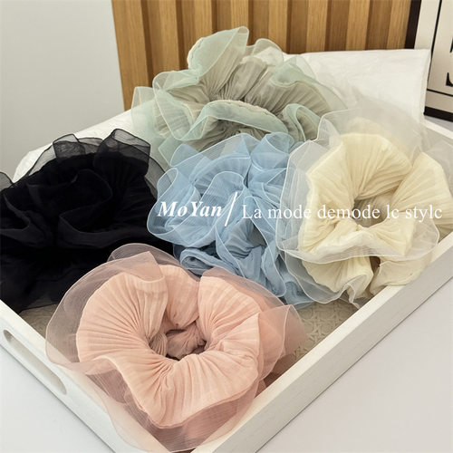 韩版新款褶皱欧根纱木耳边大肠发圈高级感扎头绳甜美气质头花发绳 - 图2