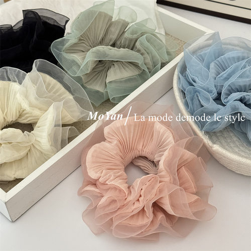 韩版新款褶皱欧根纱木耳边大肠发圈高级感扎头绳甜美气质头花发绳 - 图0