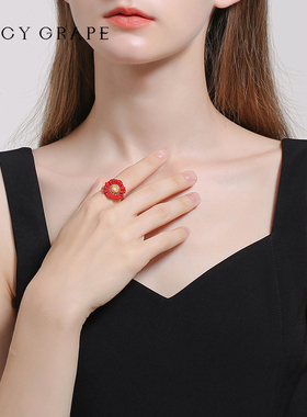 红色花朵食指戒女小众复古指环