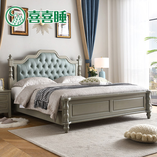 全实木床 卧室1.5 1.8双人美式轻奢床储物婚床真皮 家具简约复古 - 图0