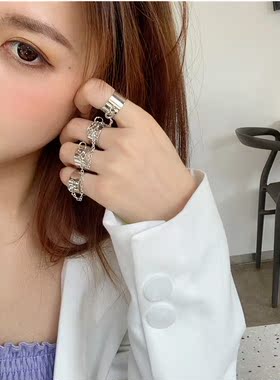 蹦迪链条组合朋克风开口连体戒指