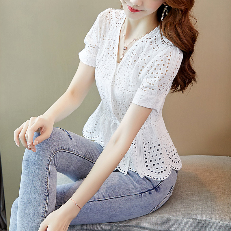 白色蕾丝衫短袖2020夏季新款衬衫 谛诗黛尔蕾丝衫/雪纺衫