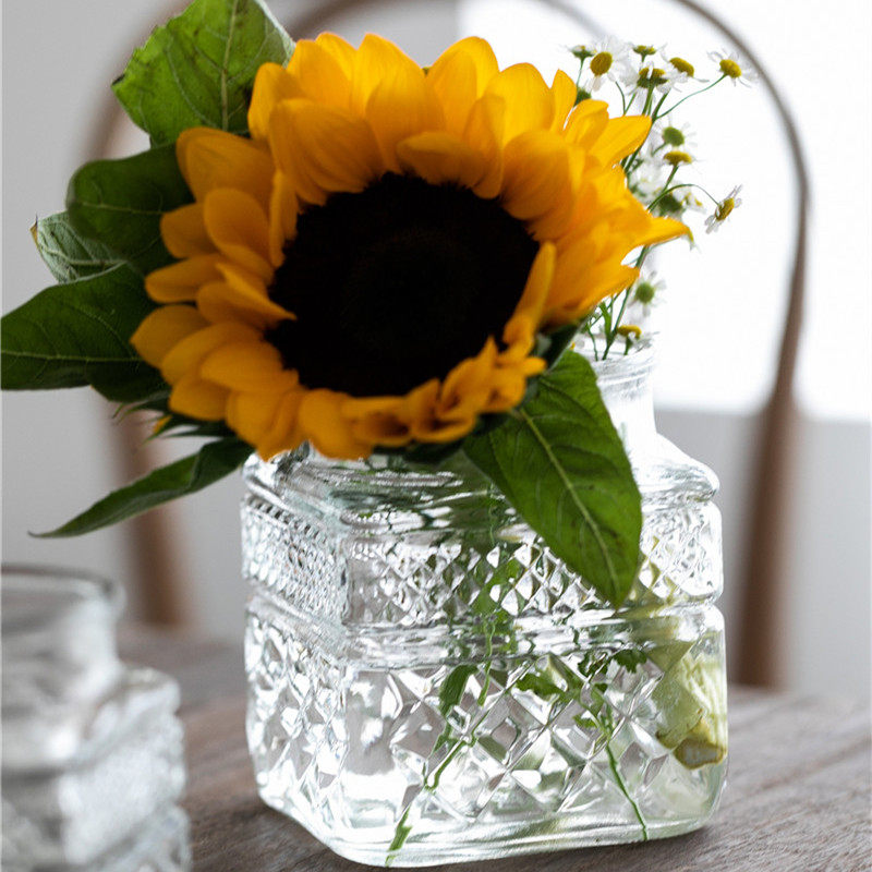 花时间 甜典 美式浮雕刻花方形大口桌面摆件玻璃花瓶水养植物瓶 花时间日系花瓶店 淘优券