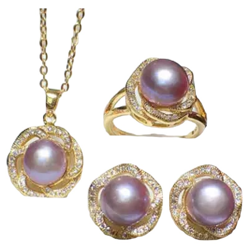 Necklace and earrings three-piece women's fashion set with real pearls