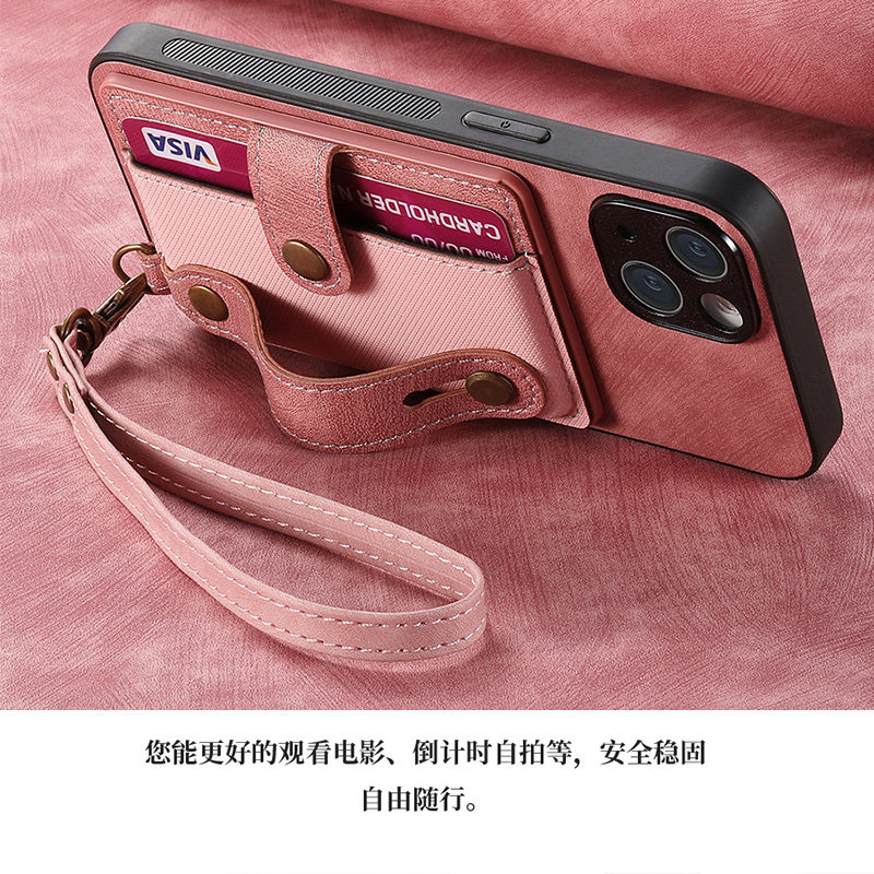 手腕绳带卡包适用苹果15手机壳装卡iPhone14promax卡套13插卡槽12mini放卡11支架xs新款plus零钱包17保护套16