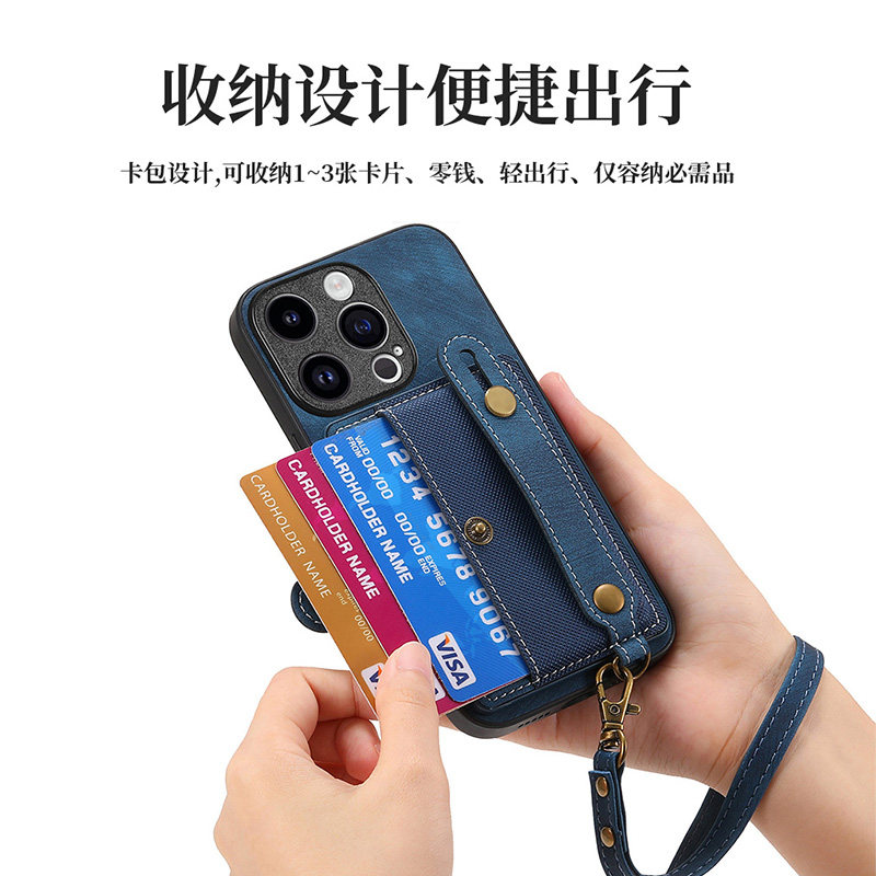 手腕绳带卡包适用苹果15手机壳装卡iPhone14promax卡套13插卡槽12mini放卡11支架xs新款plus零钱包17保护套16
