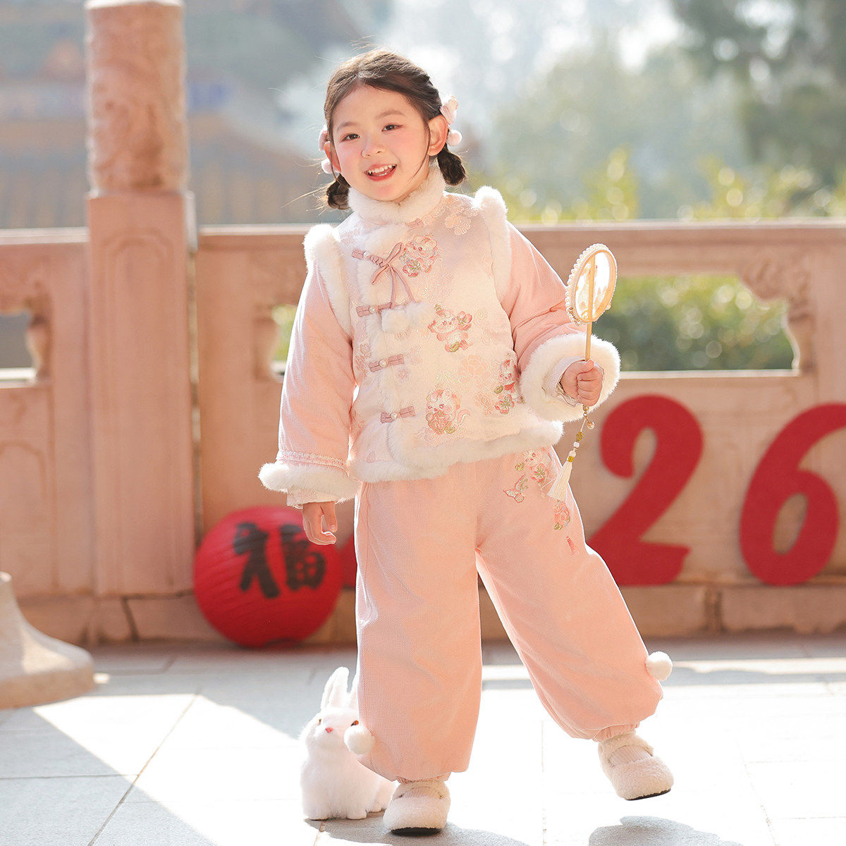 汉服女童冬款儿童新中式国风仙气过年拜年服加绒夹棉裤子套装唐装,淘宝优惠券,粉丝福利购,淘宝优惠卷