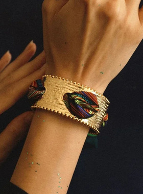 法式复古彩色丝巾手镯哑光金色