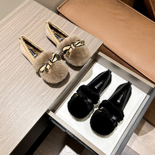 毛毛鞋女秋冬外穿2025新款兔毛大码孕妇一脚蹬豆豆鞋加绒平底棉鞋 - 图3