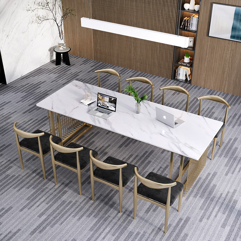 大理石会议桌岩板现代长桌椅组合北欧轻奢办公桌美容院洽谈接待桌