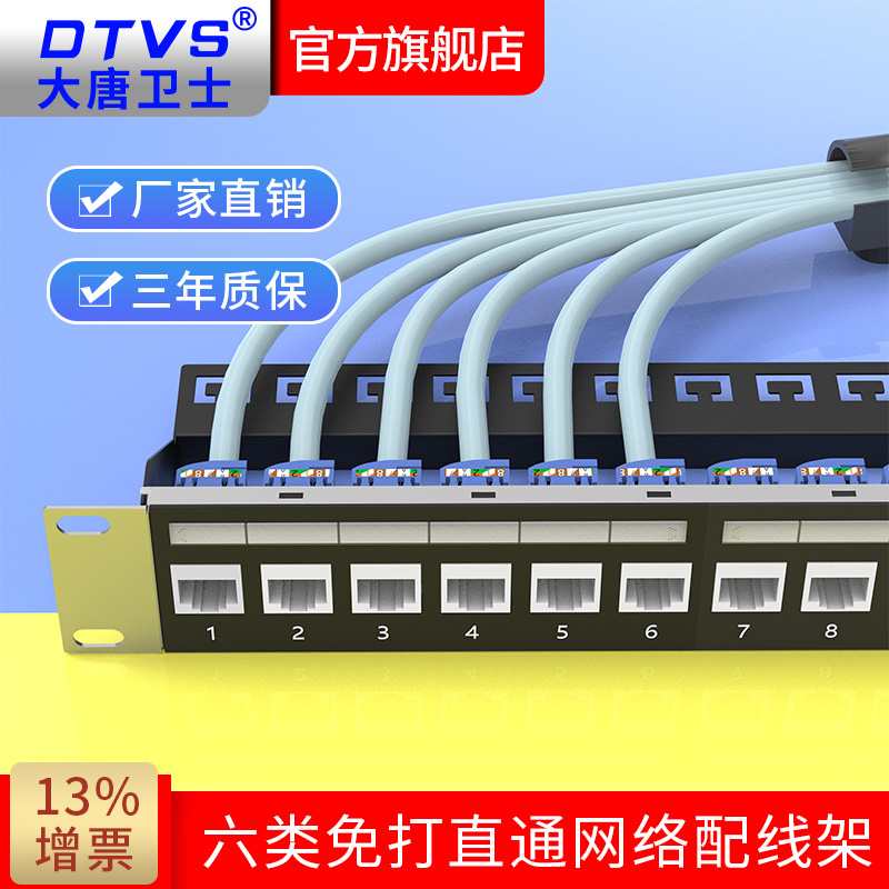 大唐卫士网络配线架超五类六类24口48口25口50口100对网络配线架理线架机架式19寸金属材质DT7624X