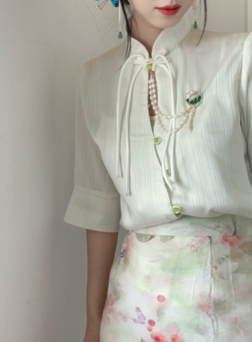 新款千里江山淡水珍珠 国风旗袍压襟胸针团扇胸针 古风配饰女礼物