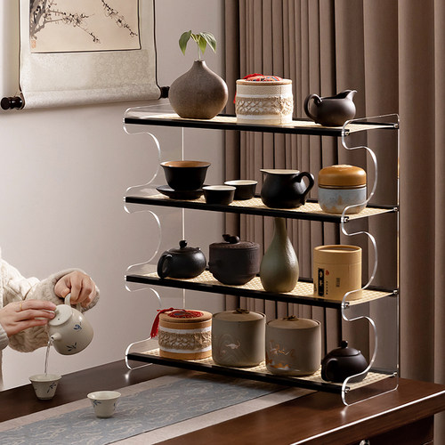 桌面杯架茶桌置物架实木新中式博古架茶具紫砂壶摆放架子桌上多层 - 图0