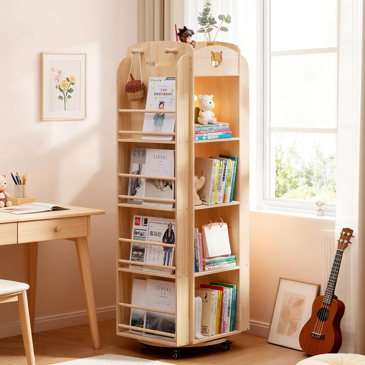 实木旋转书架360度落地置物架一体靠墙移动书柜子儿童绘本架储物,淘宝优惠券,粉丝福利购,淘宝优惠卷