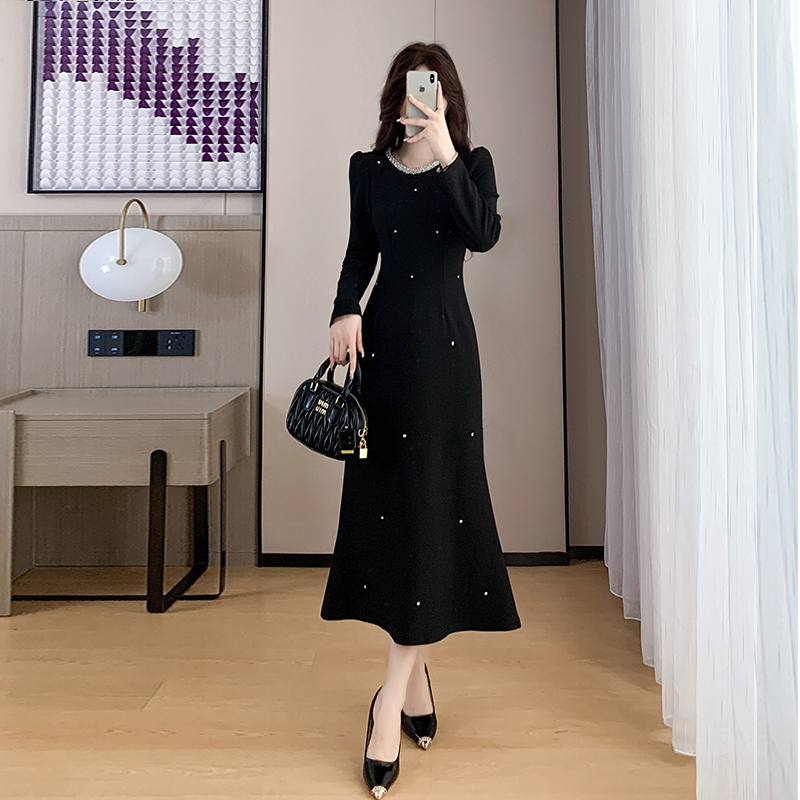 法式高级感重工连衣裙女长裙2025春秋季新款气质收腰显瘦鱼尾裙 - 图0