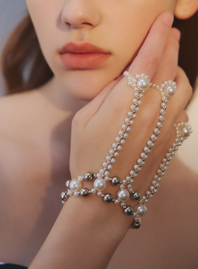 苏心人造珍珠花朵几何戒指手链一体式时尚复古气质手环个性手饰女